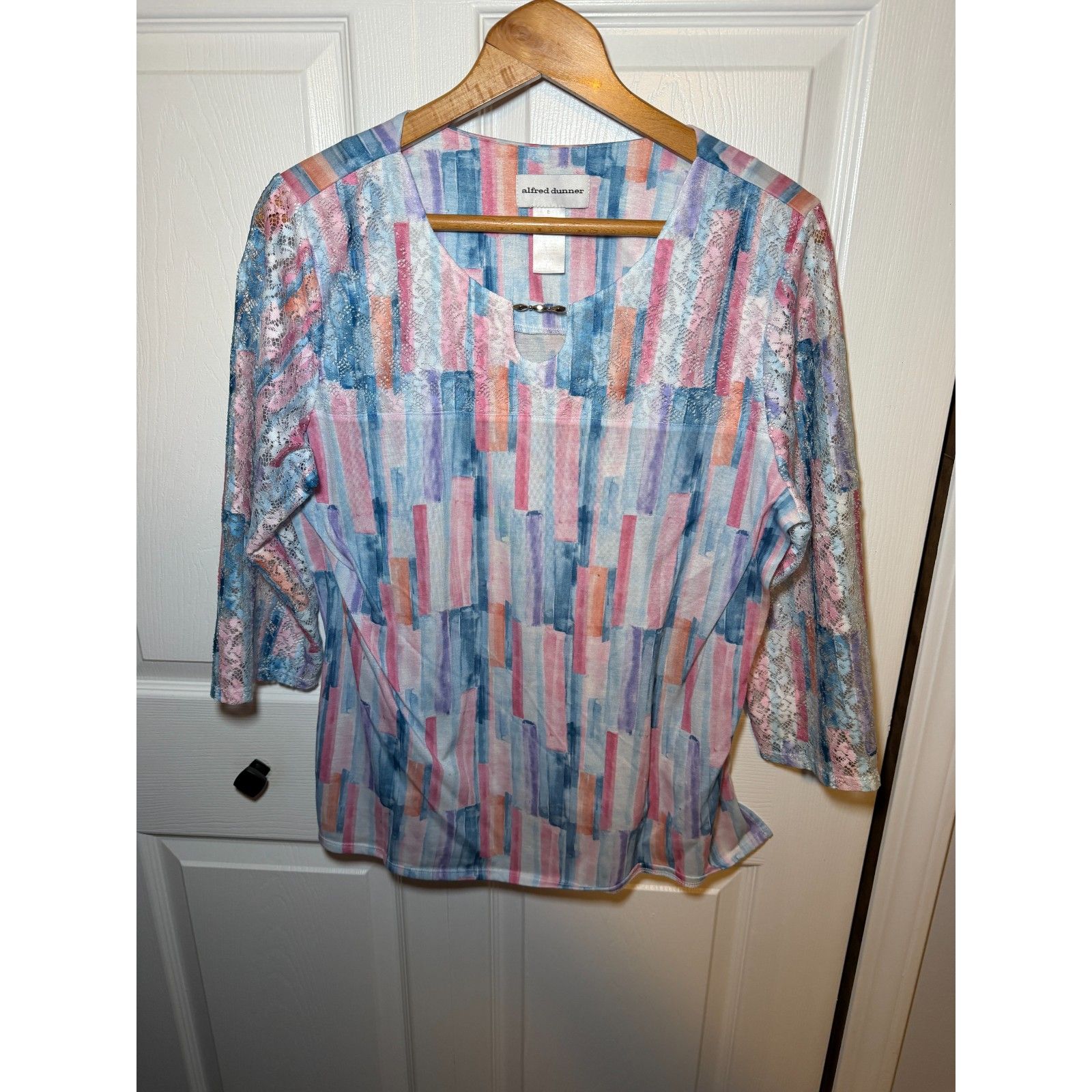 Alfred Dunner Pastel Abstract Print Lace Sleeve Top Women's Large
